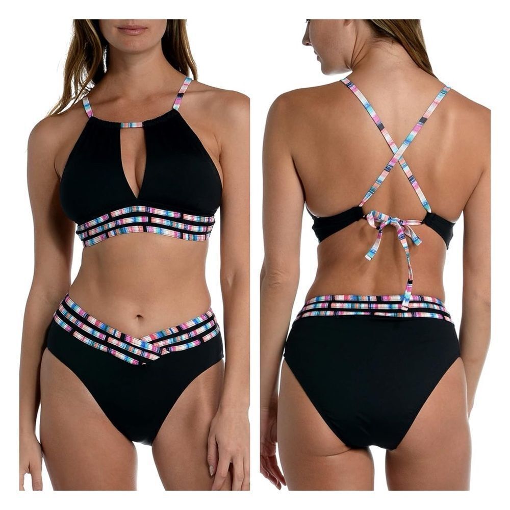 Black and Multicolor Striped Women's Swim Set 2 Piece Halter Neckline Size XL